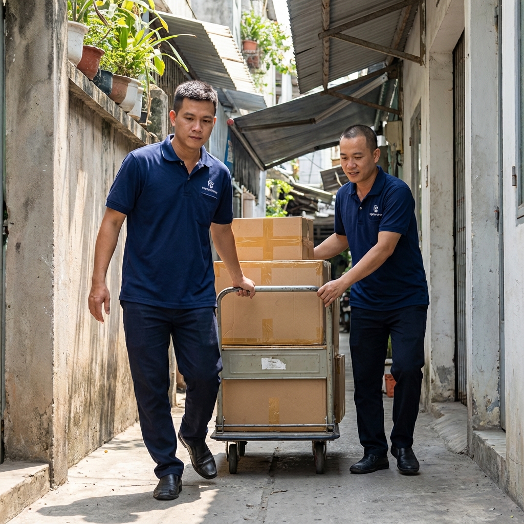 Sử dụng xe đẩy chuyên dụng trong hẻm nhỏ